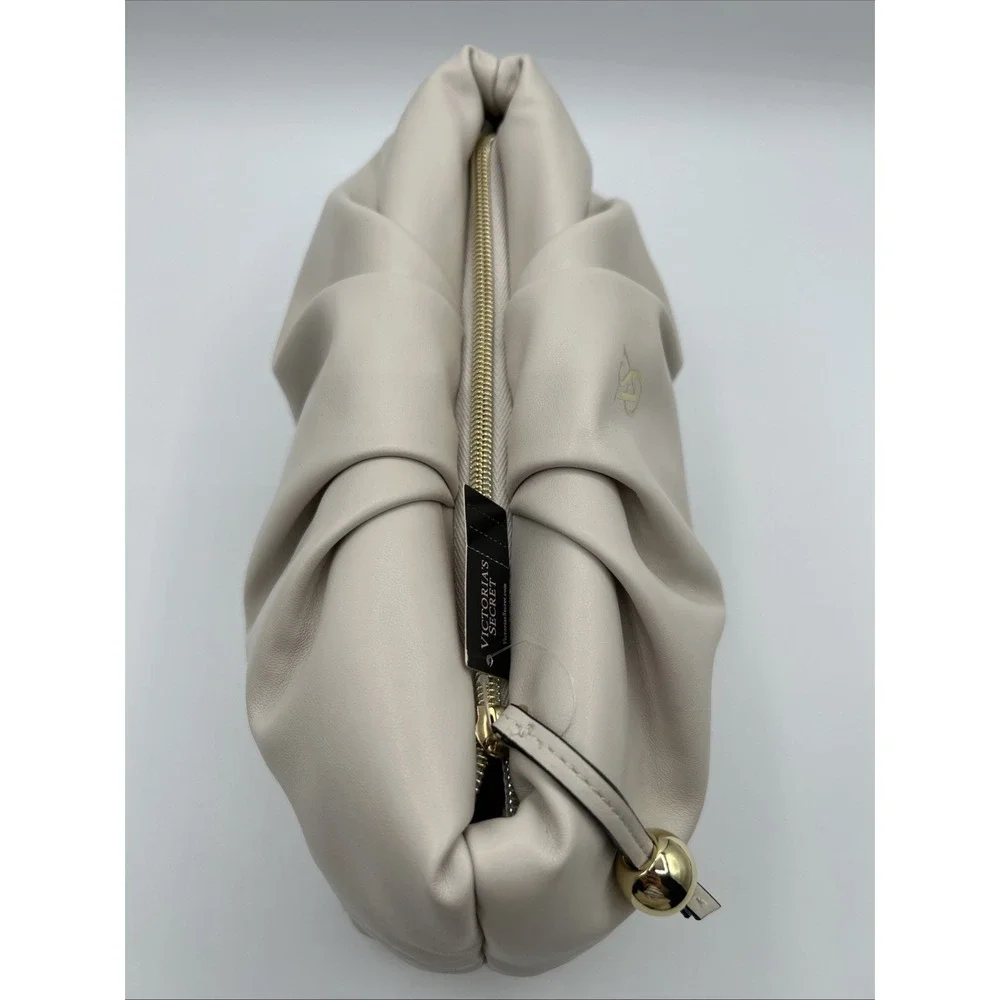Victoria's Secret Cream Beige Ruched Cosmetic Bag Pouch Clutch Gold Hardware